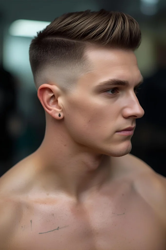Weightlifter’s Power Fade A strong, solid shape with defined edges. The hair on top is kept full to complement a muscular physique, sharply faded at the mid-point.