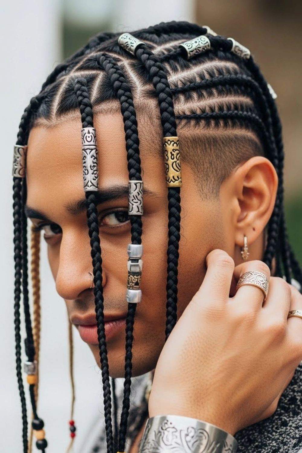 Box braids for women 2026 styled with beads and gold hair accessories