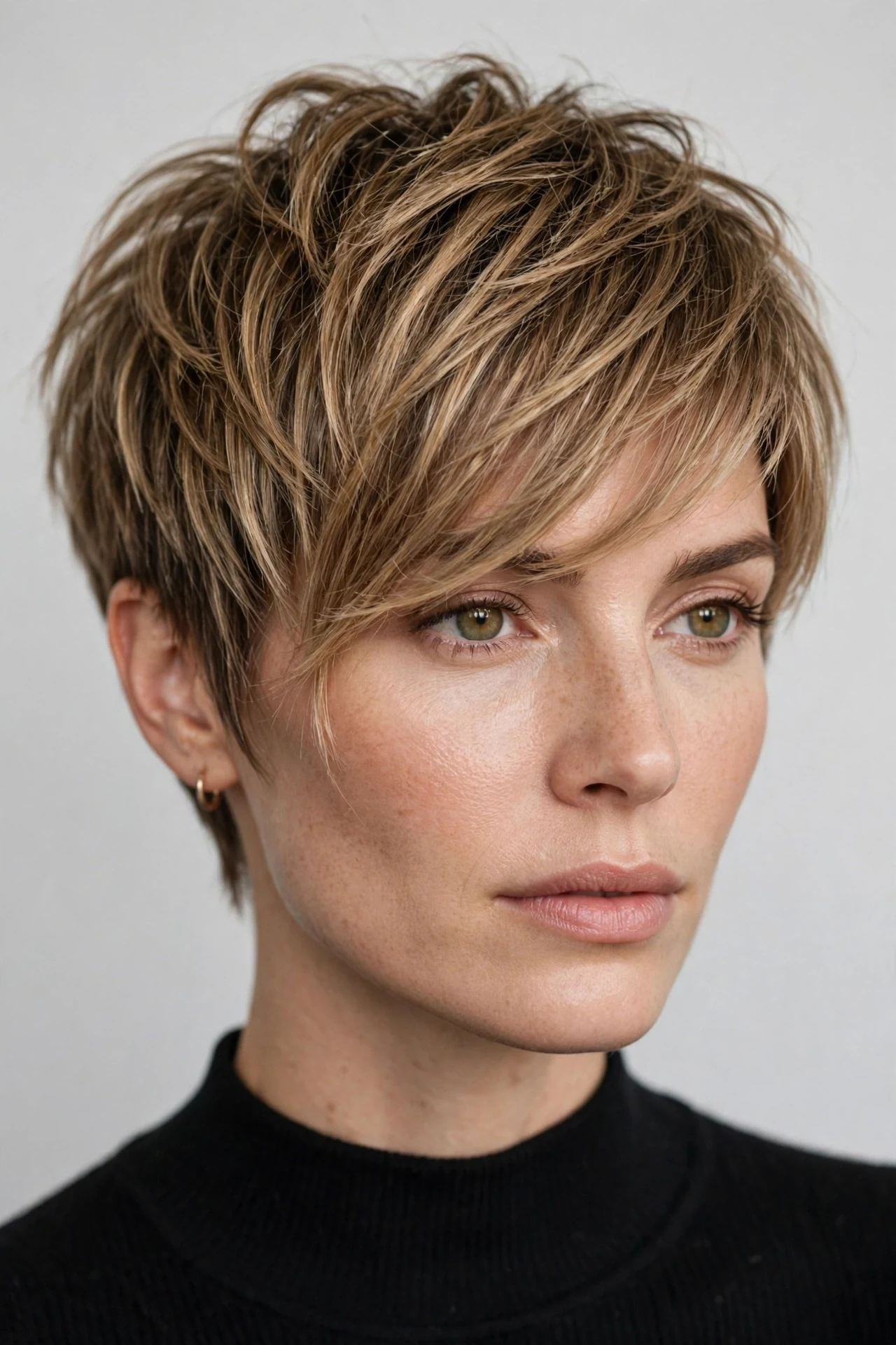 Bixie cut women — textured pixie with long bangs, a bixie-adjacent variation