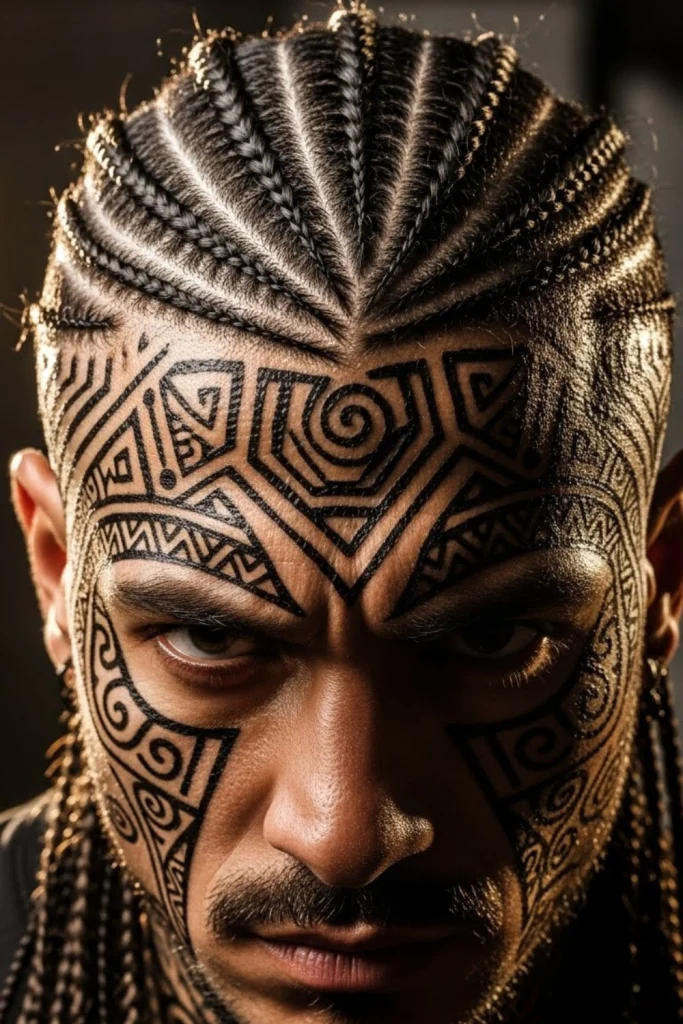 Tribal-inspired box braids for women 2026 featuring geometric part designs