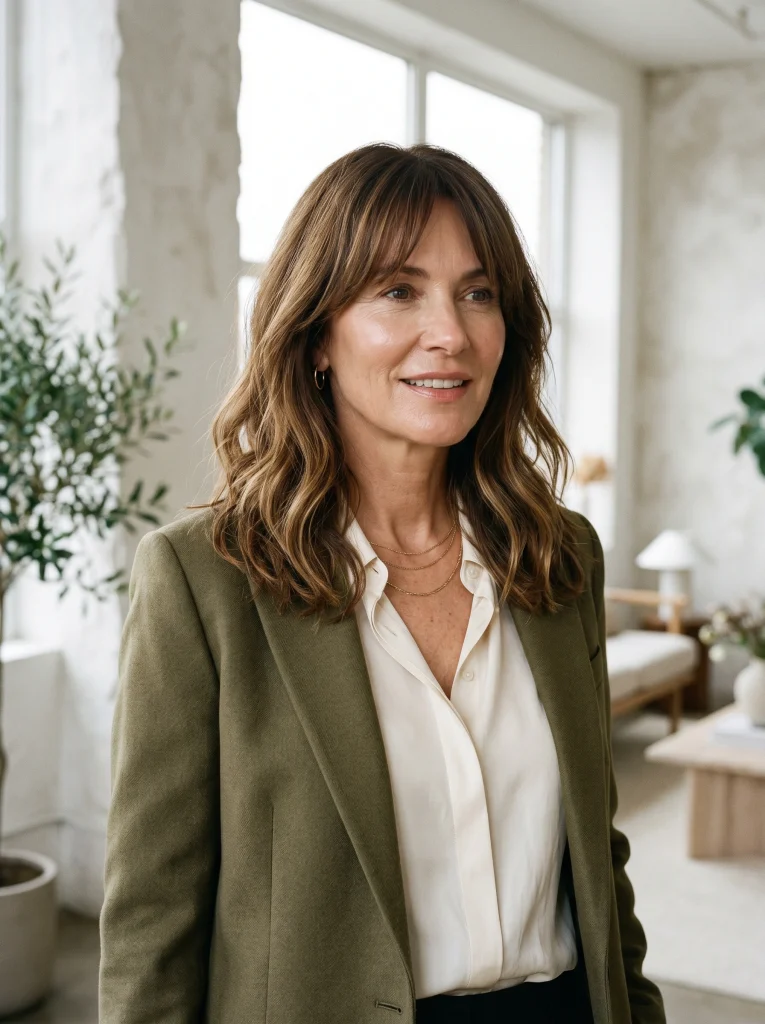 Butterfly haircut women — shoulder-length face-framing layers with curtain bangs 2026