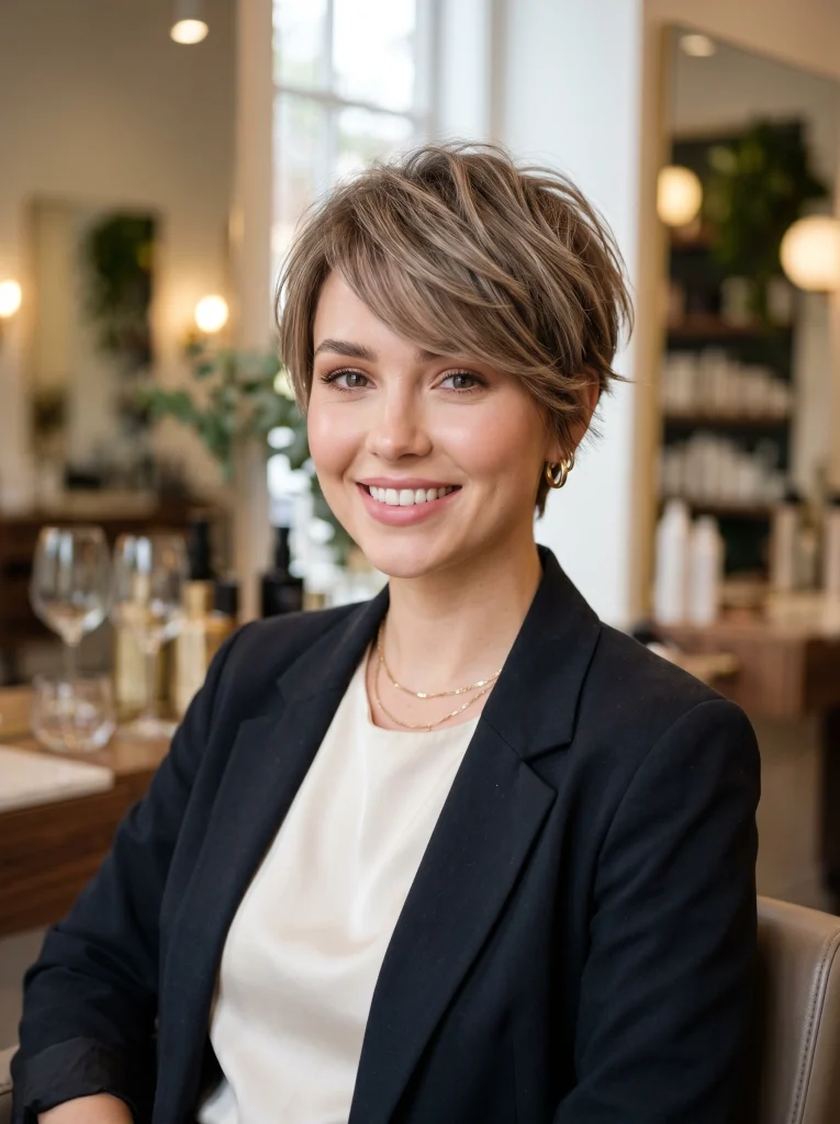 Bixie cut women — textured pixie cut with side bangs, feathered layers 2026