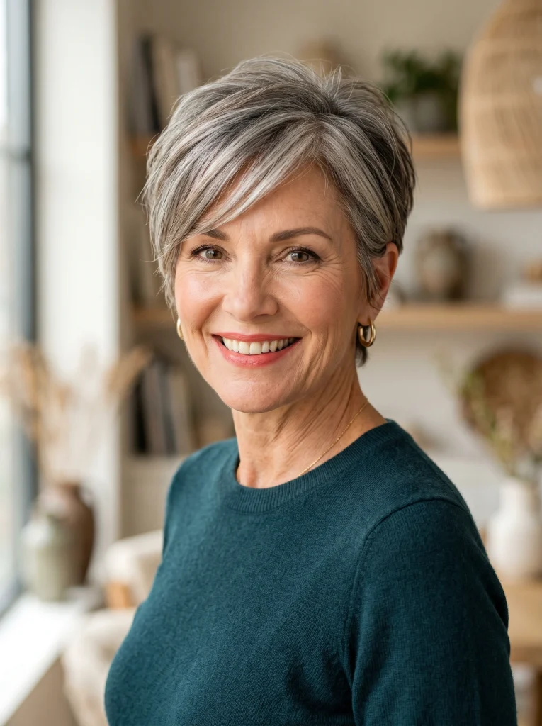 Bixie cut women — textured pixie with side bangs 2026