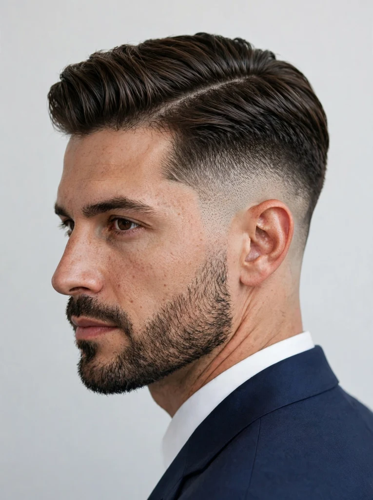 Businessman with a low fade side part and groomed beard