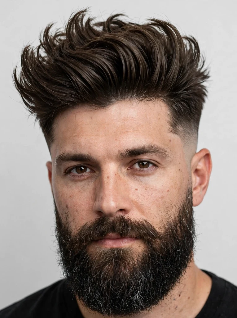 Man with a low fade brush up hairstyle and beard