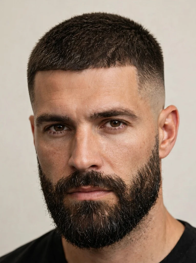 Man with a low fade crew cut and beard