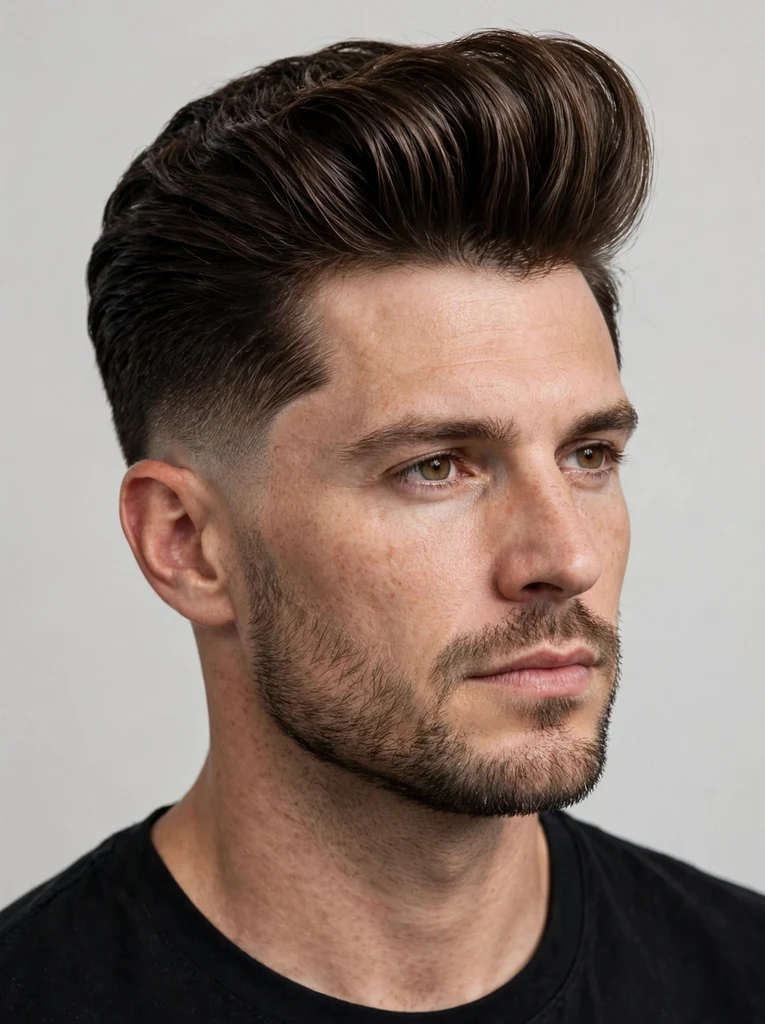 Man with a low fade pompadour hairstyle