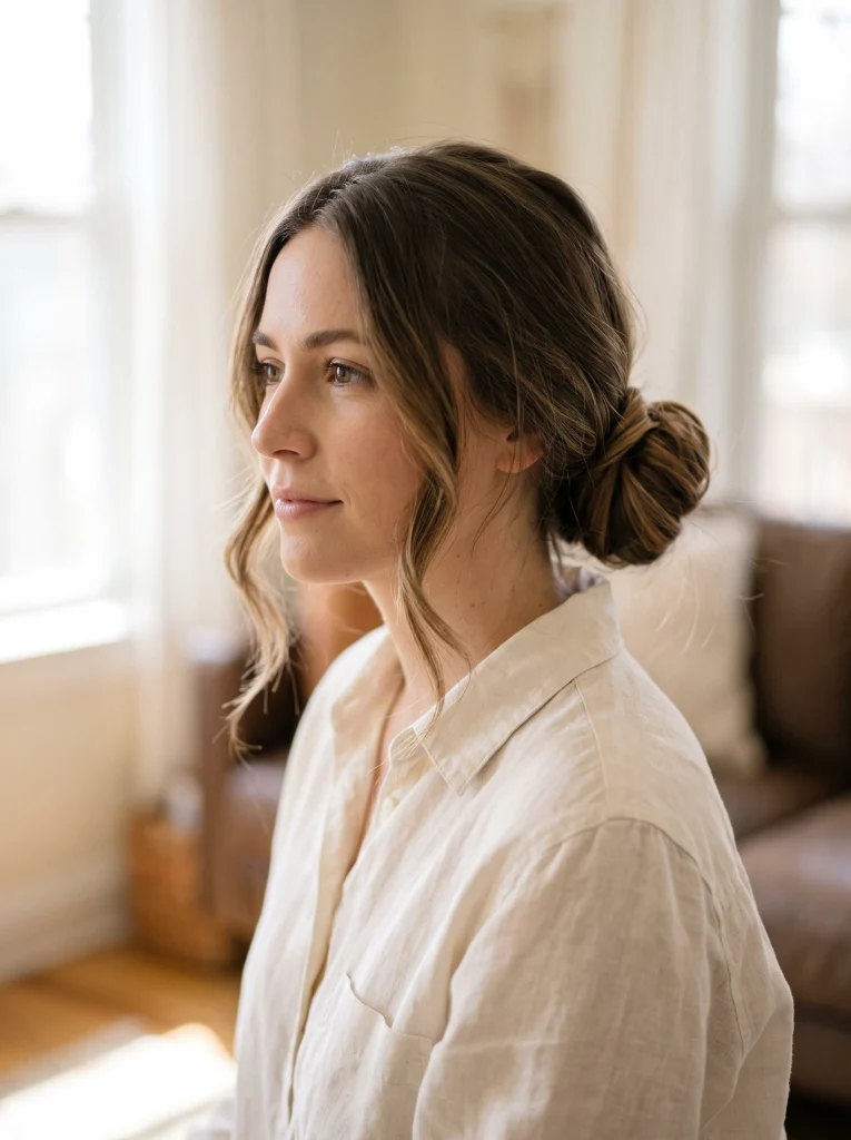 Low bun secured with a hair tie wrap trick