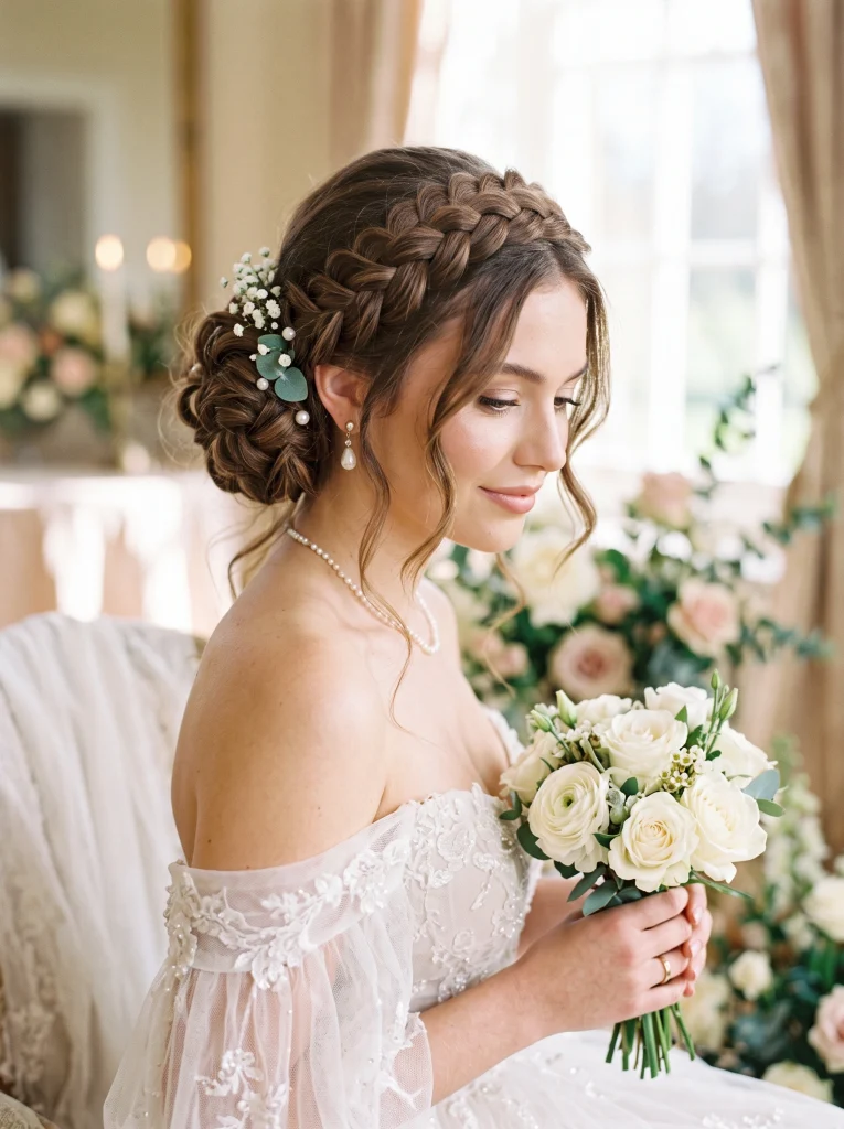 Woman with a braided halo updo