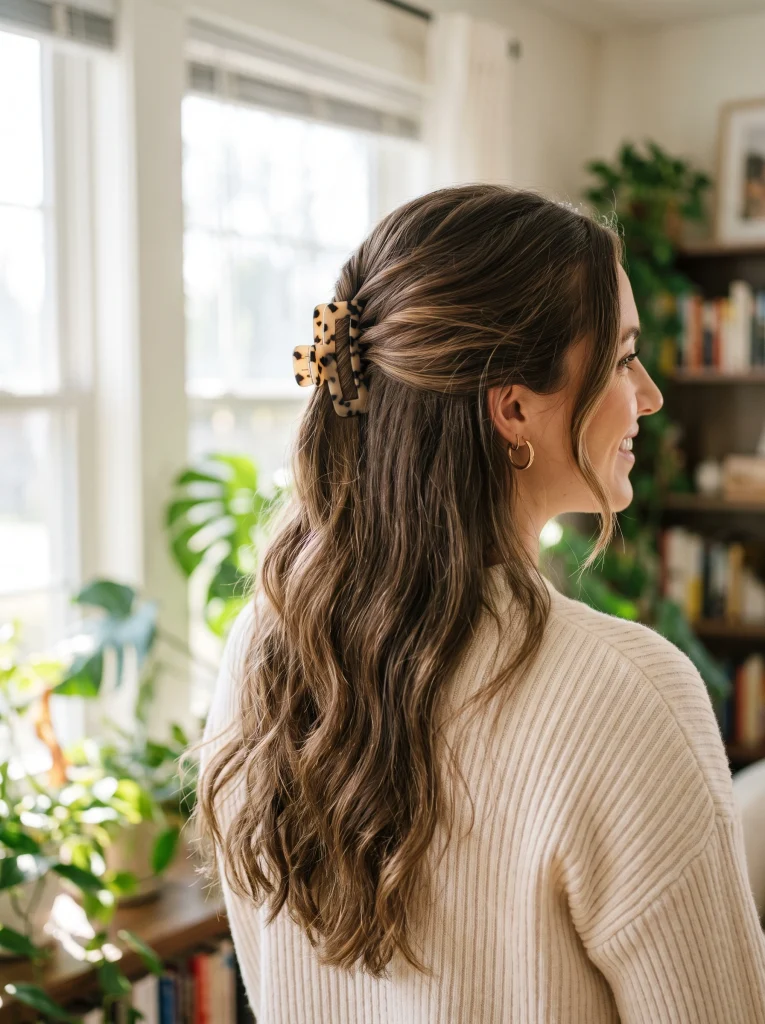 Woman with a half-up claw clip twist