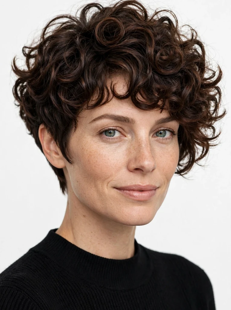 Woman with curly bixie haircut