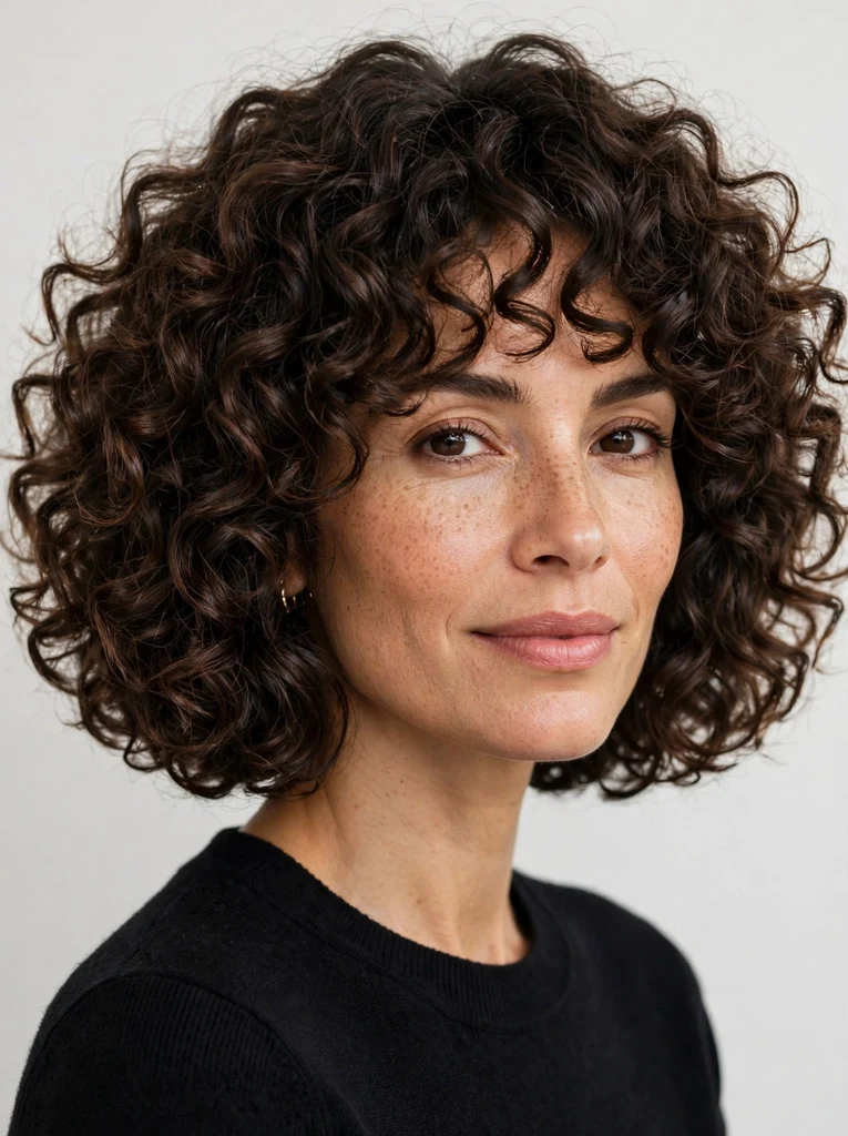Woman with wash-and-go curly bob hairstyle