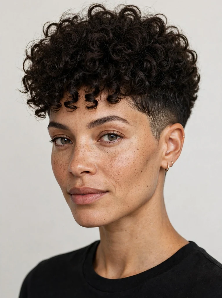 Woman with tapered curly crop haircut