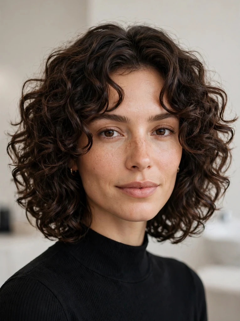 Woman with curly lob and face-framing layers