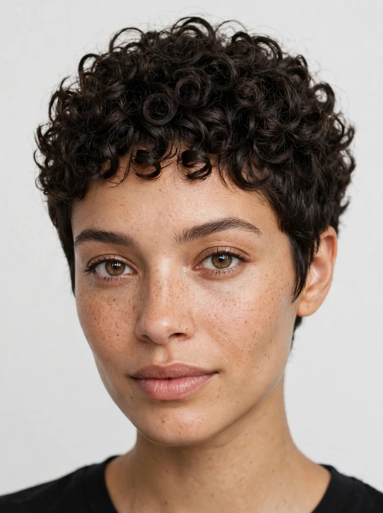 Woman with curly pixie cut