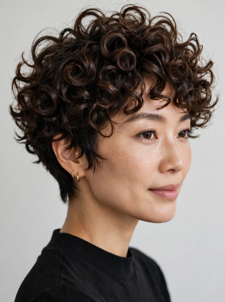 Woman with curly pixie and defined ringlets