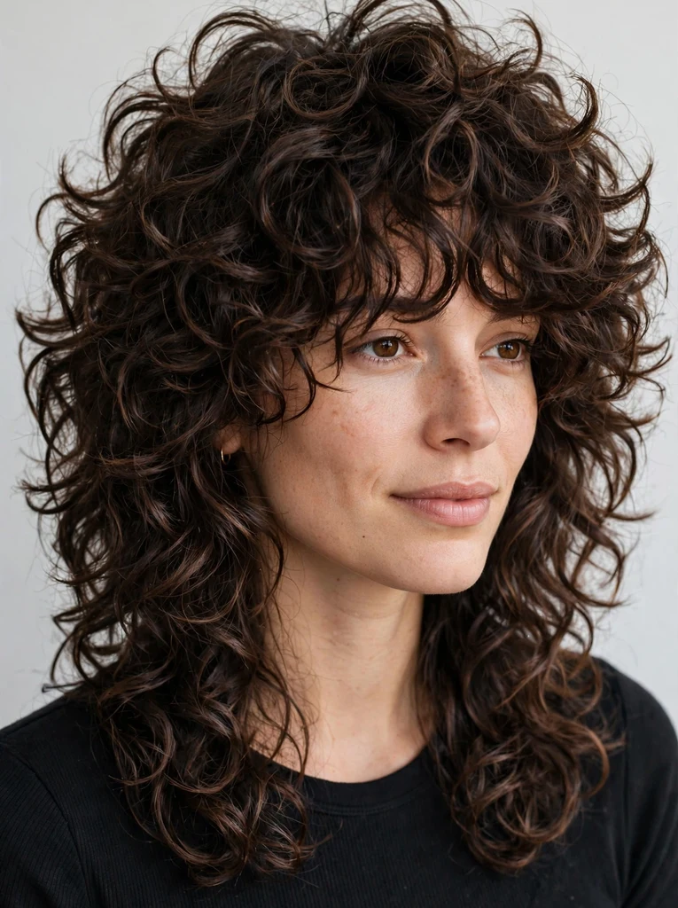 Woman with layered curly shag haircut
