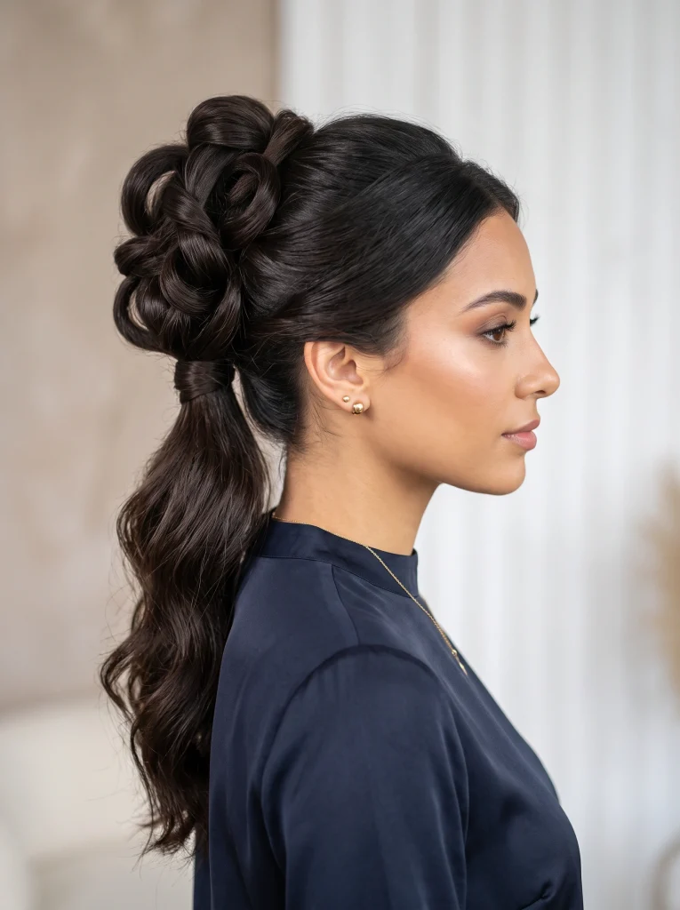 Woman with a looped ponytail updo