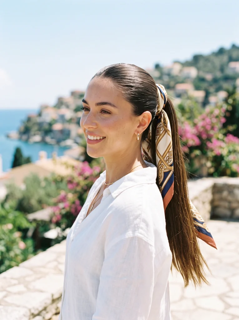 Slicked ponytail wrapped with a silk scarf