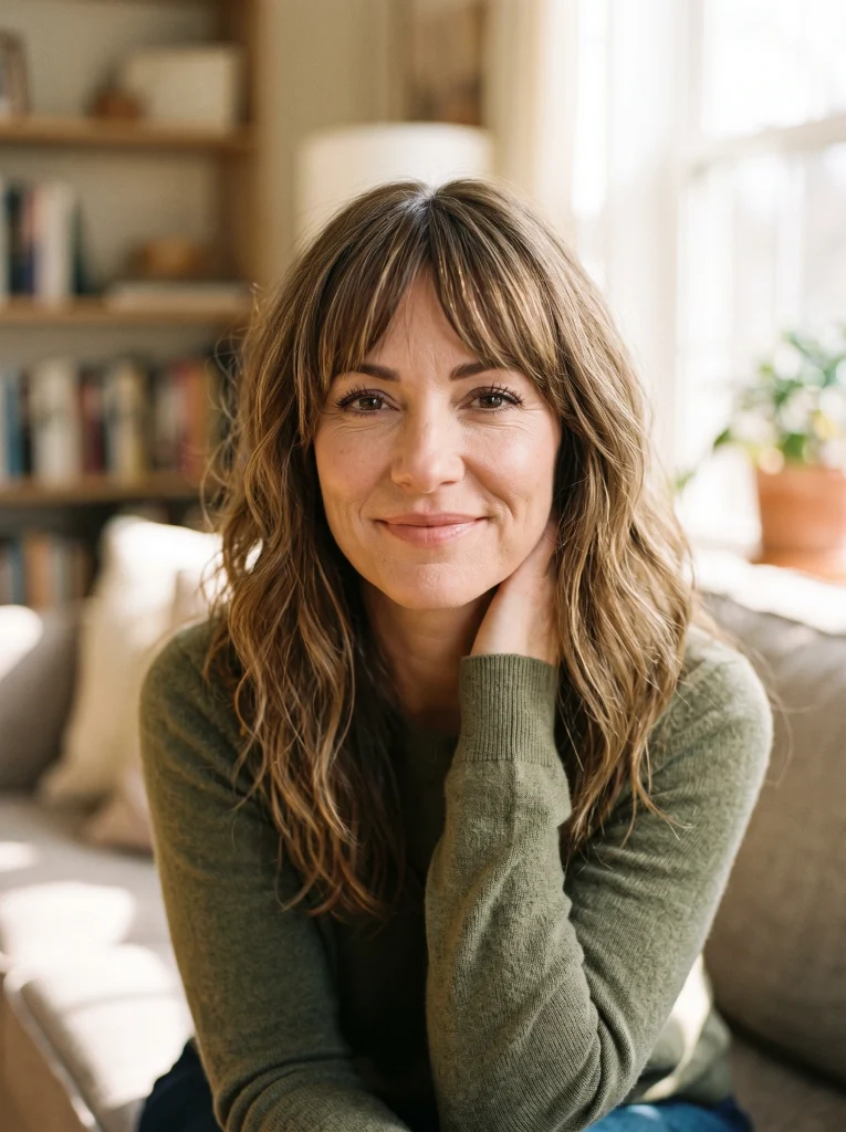 Shoulder-length shag with curtain bangs for women over 40