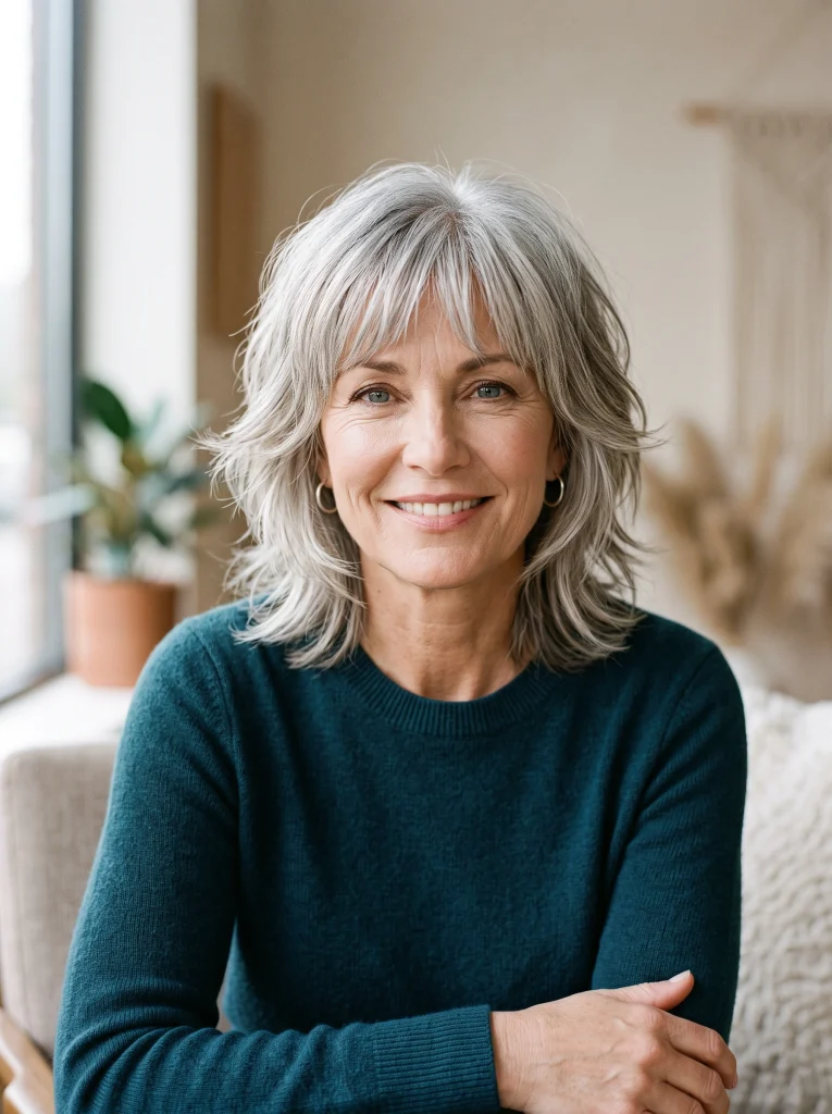 Silver grey shag haircut for women embracing natural grey