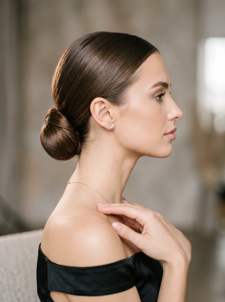 Woman with a sleek low bun updo