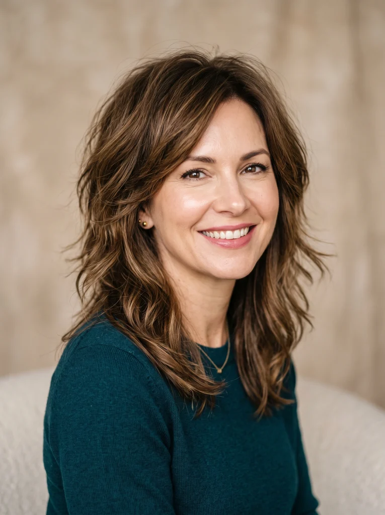 Voluminous shag haircut adding lift to fine hair