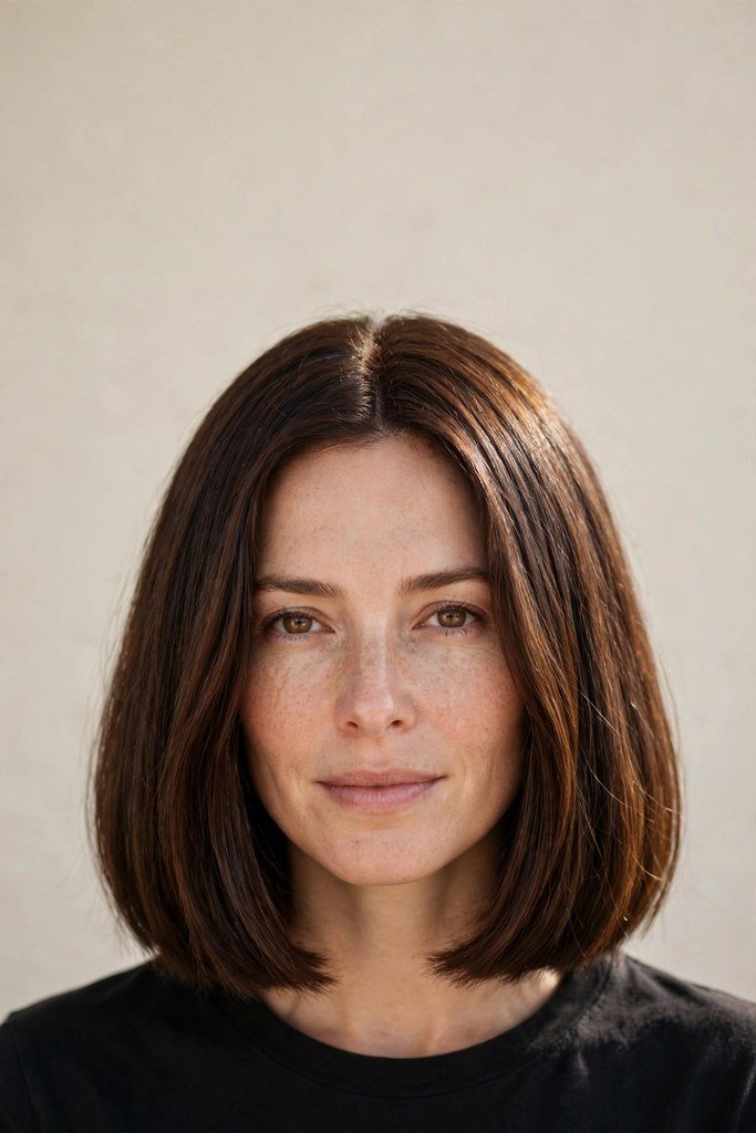 Woman with blunt medium length haircut