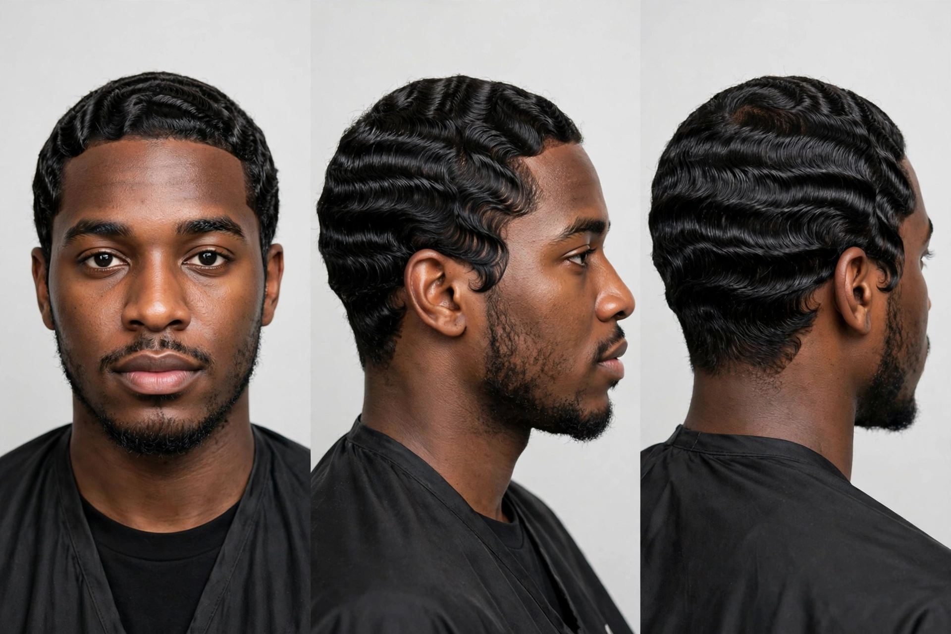 Comparison showing 360 waves on different face shapes, barbershop educational style photo
