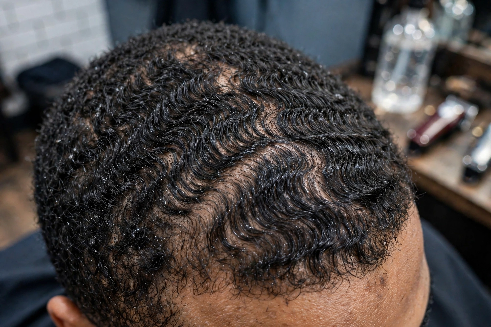 Close-up of early-stage wave training progress at 4 weeks, realistic barbershop photo