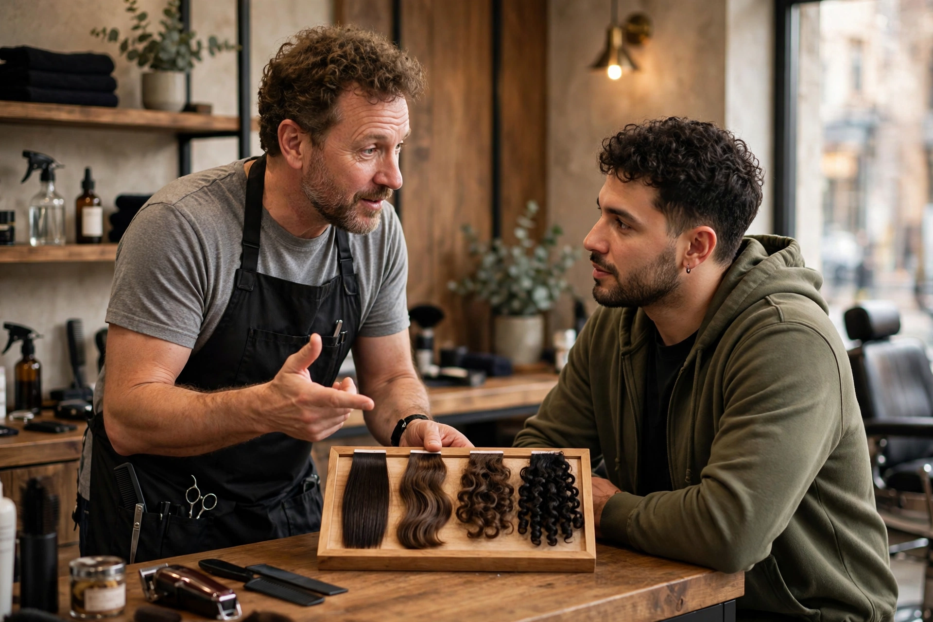 Barber explaining hair texture types to a client with a texture chart