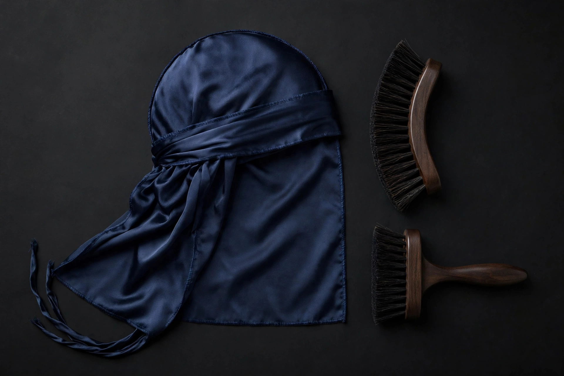 Silk durag laid flat next to wave brushes, product photography style