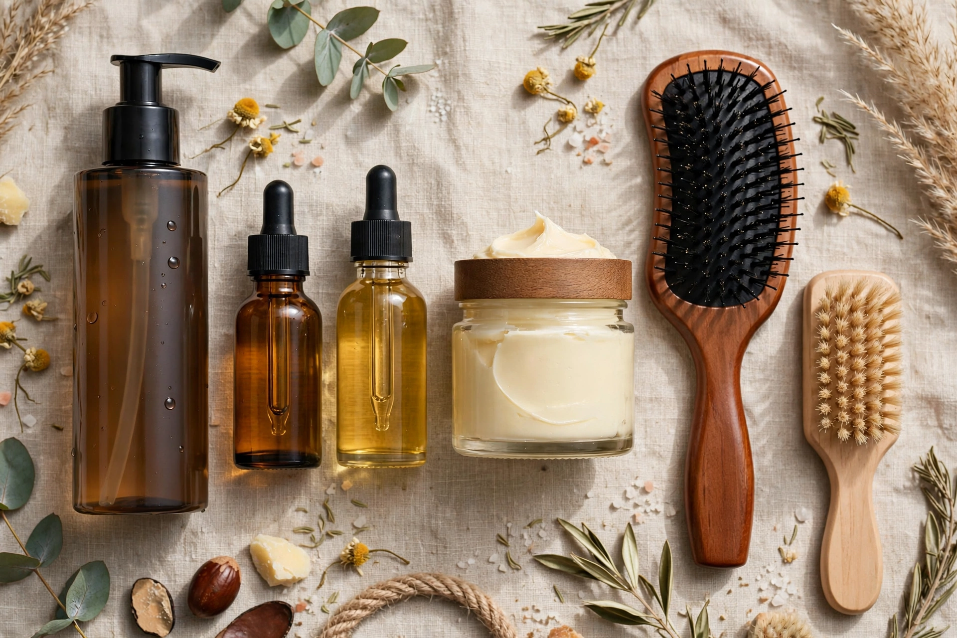 Essential wave products lineup - shampoo, oils, wave butter, brushes arranged neatly