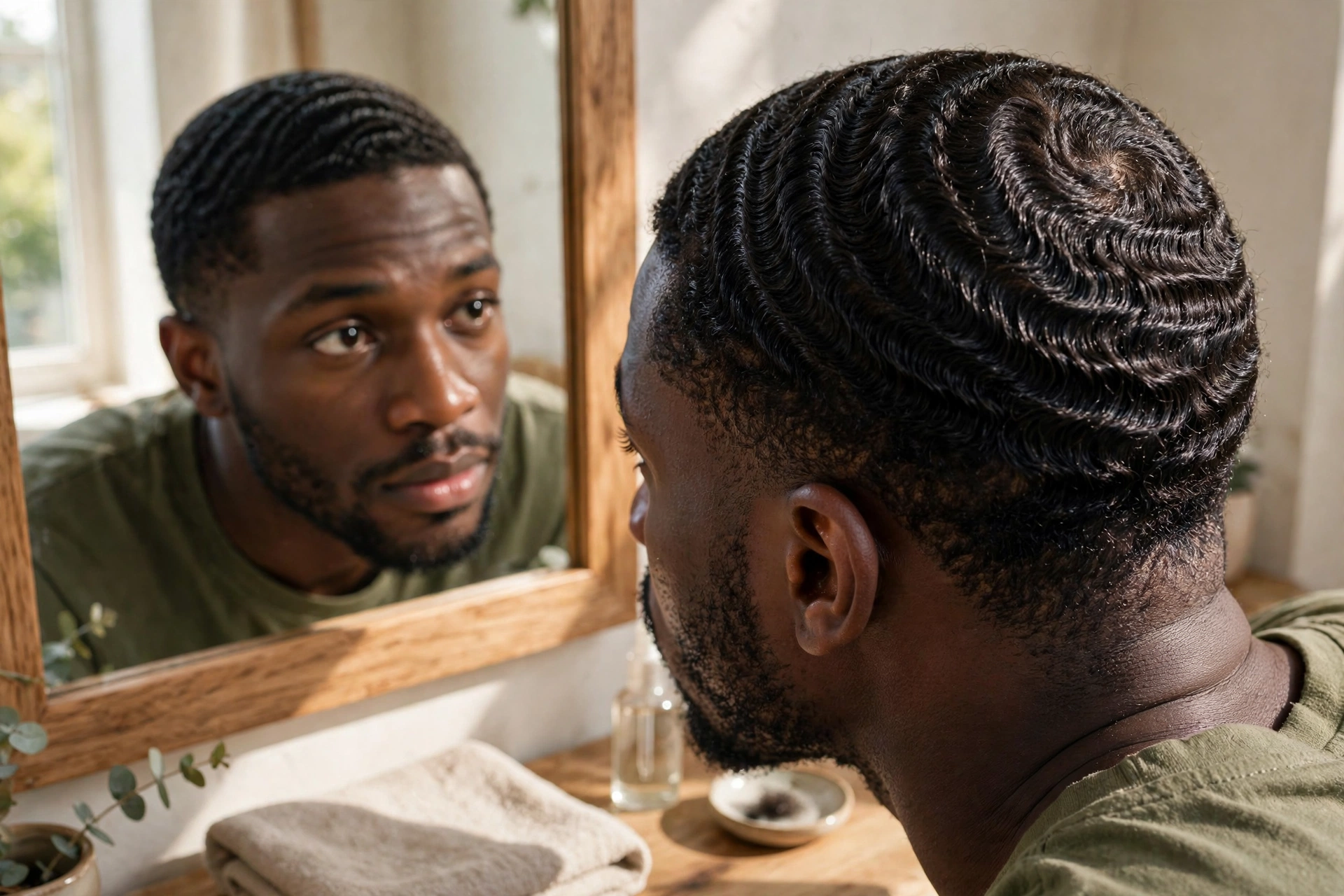 Man checking his 360 waves progress in a mirror, FAQ lifestyle photo