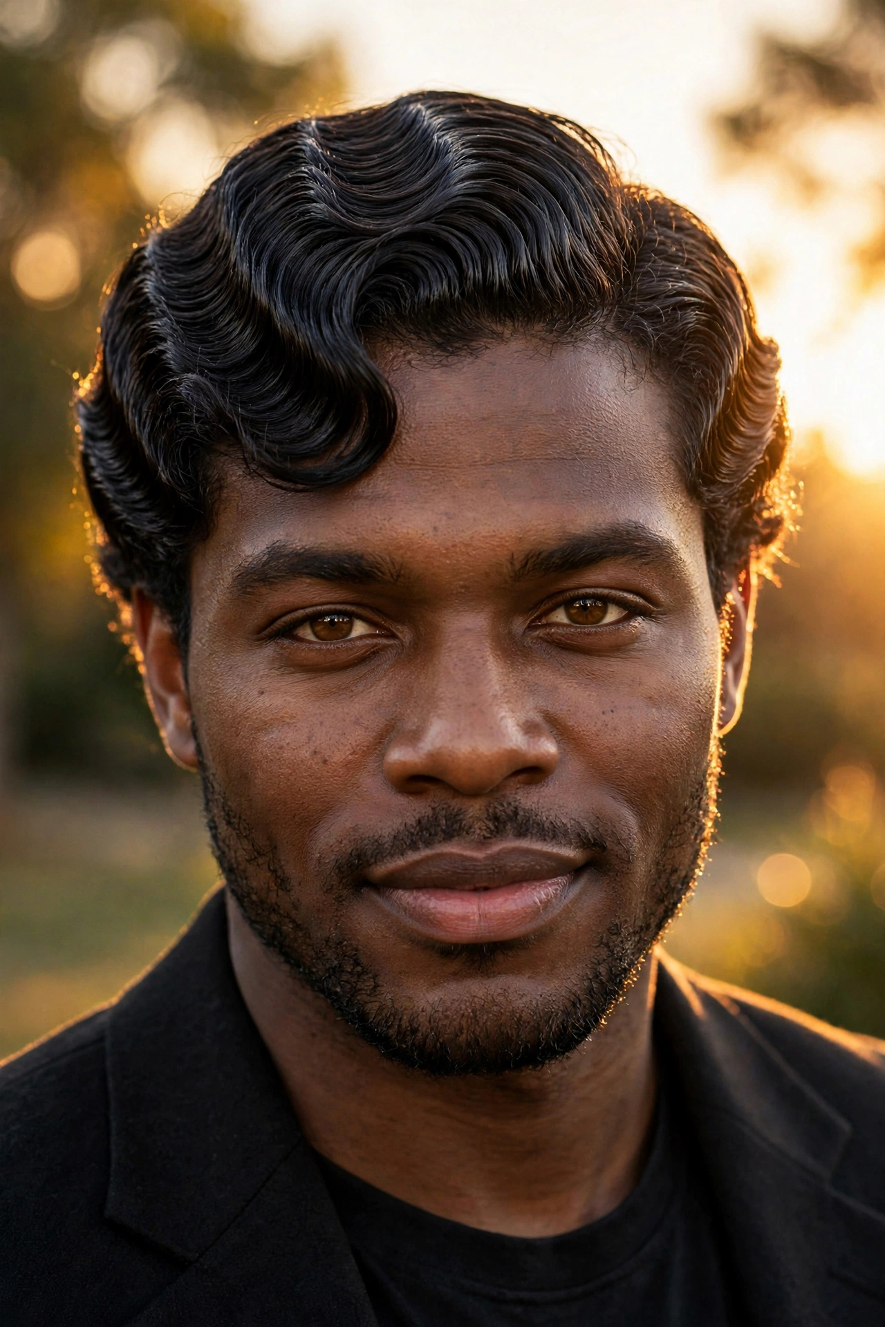 Confident man with deep glossy 360 waves, final portrait, golden hour lighting
