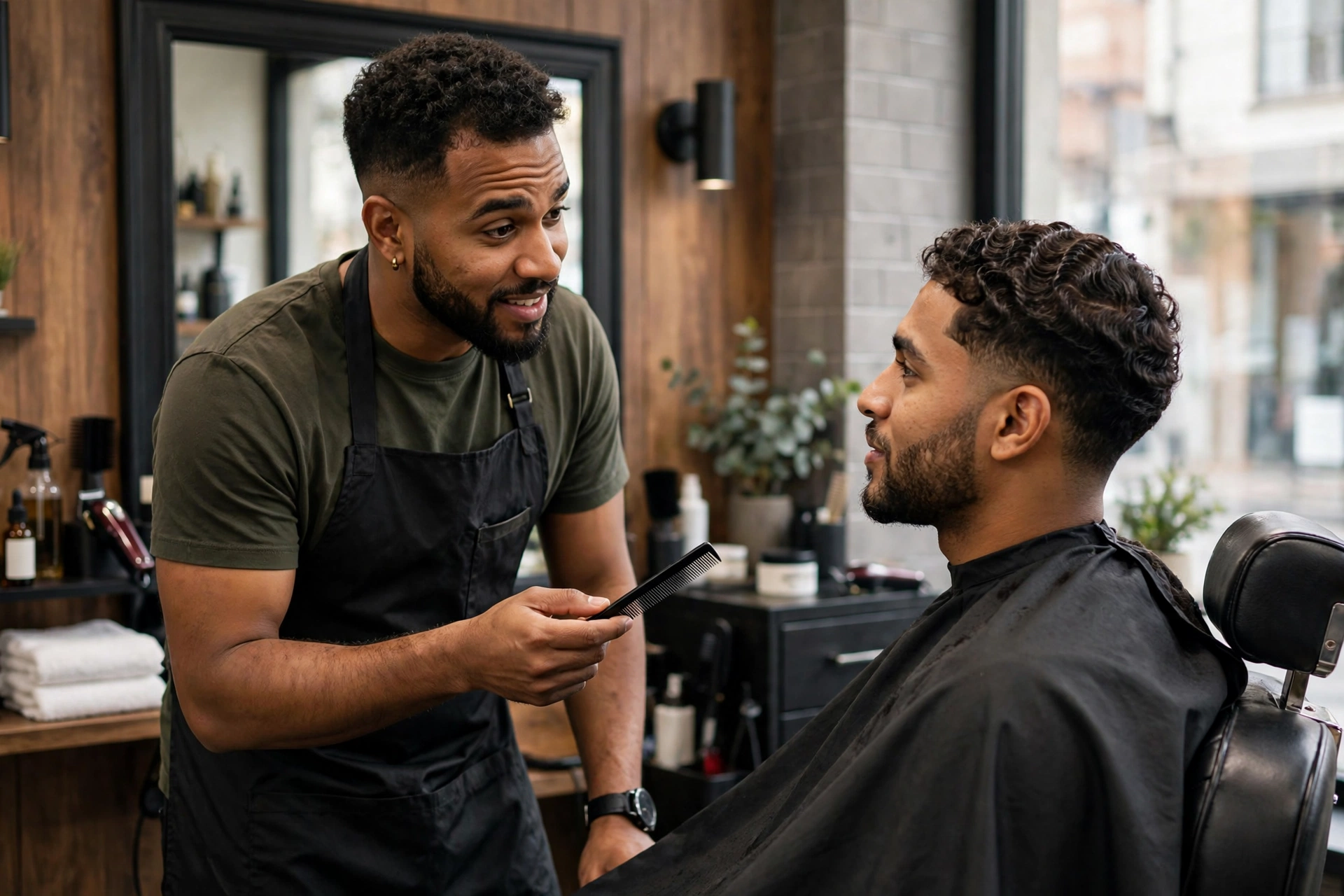 Barber consulting with client about 360 waves in a barbershop, professional atmosphere