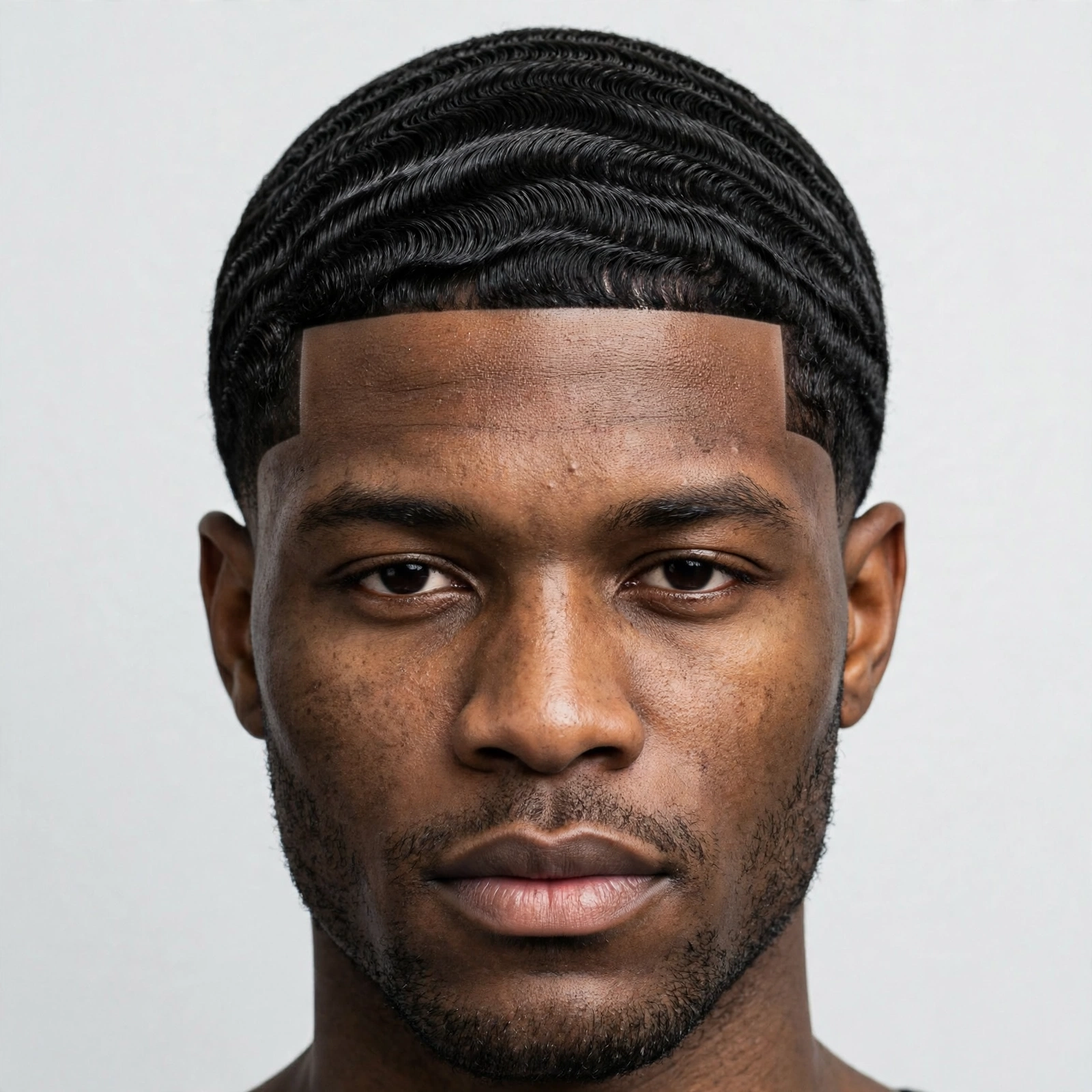 Classic 360 waves with sharp box lineup, front view, barbershop photography