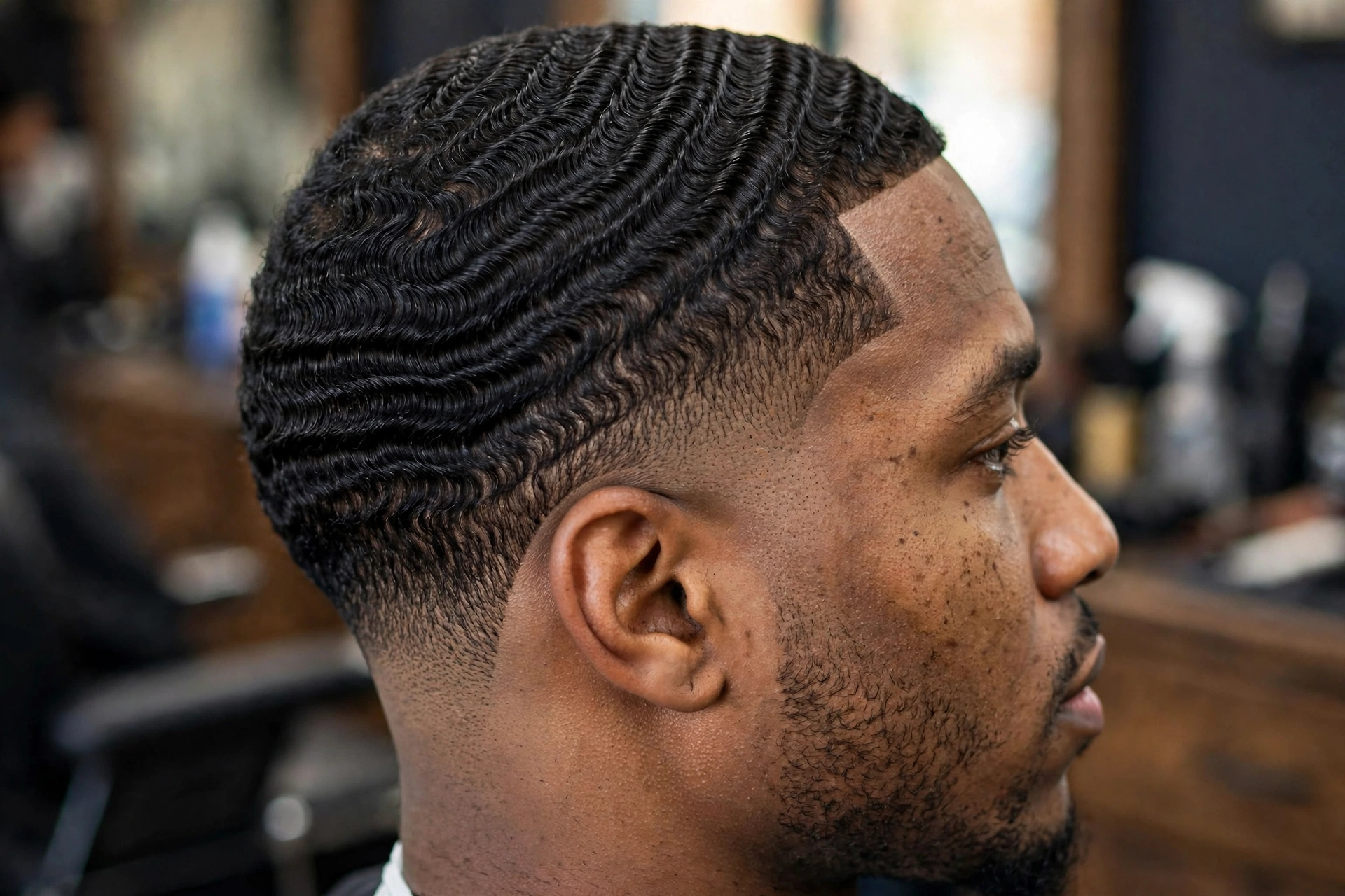 360 waves with low taper fade, side profile showing the gradual taper, premium barbershop photography