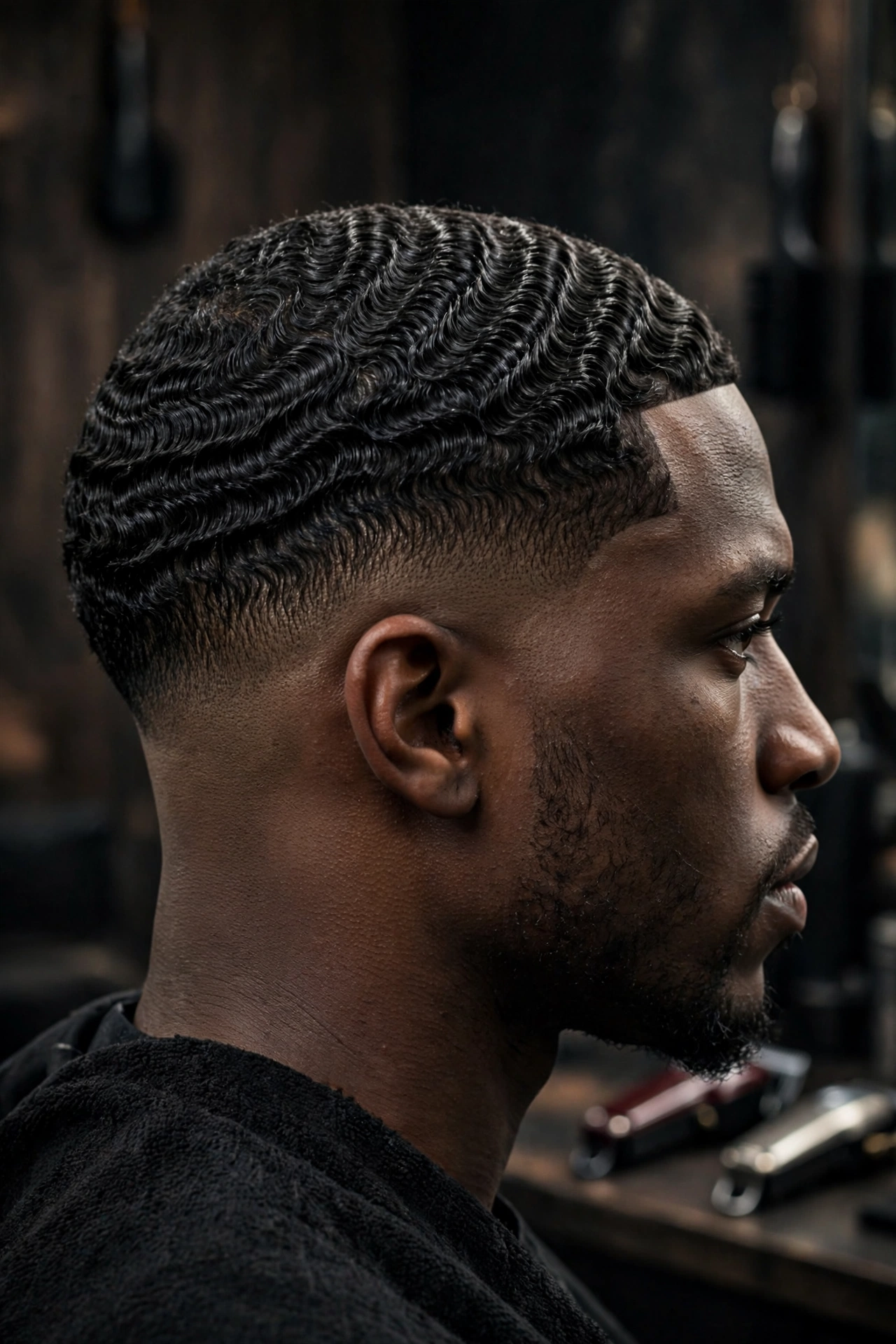 360 waves with bald taper fade to skin, dramatic side angle, barbershop photography