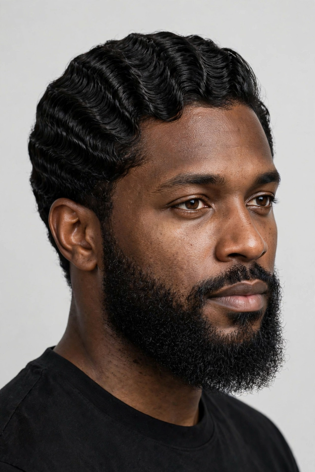 Man with deep 360 waves and full connected beard, three-quarter portrait, premium photography