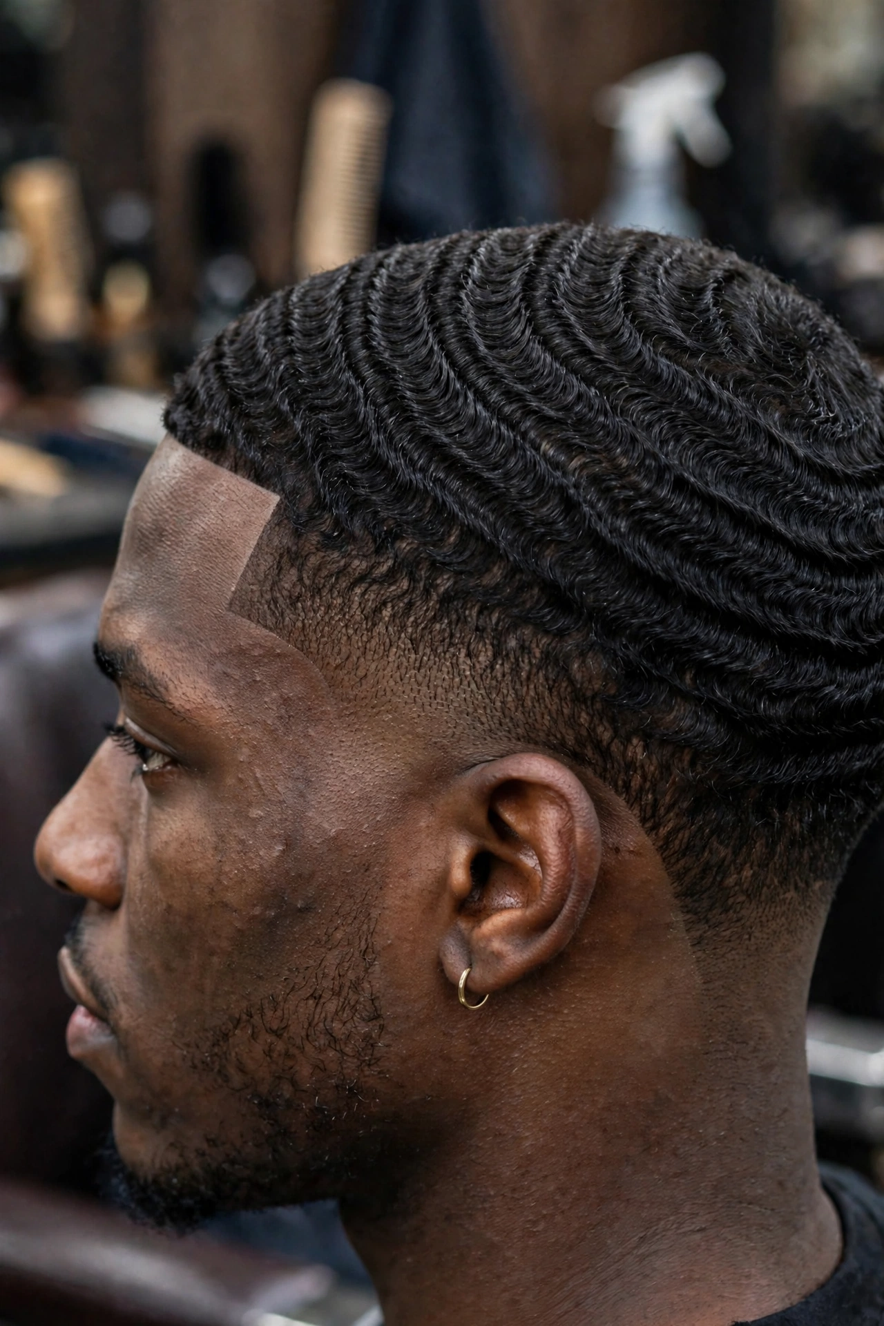 360 waves with temp fade around temples, close side view, barbershop photography