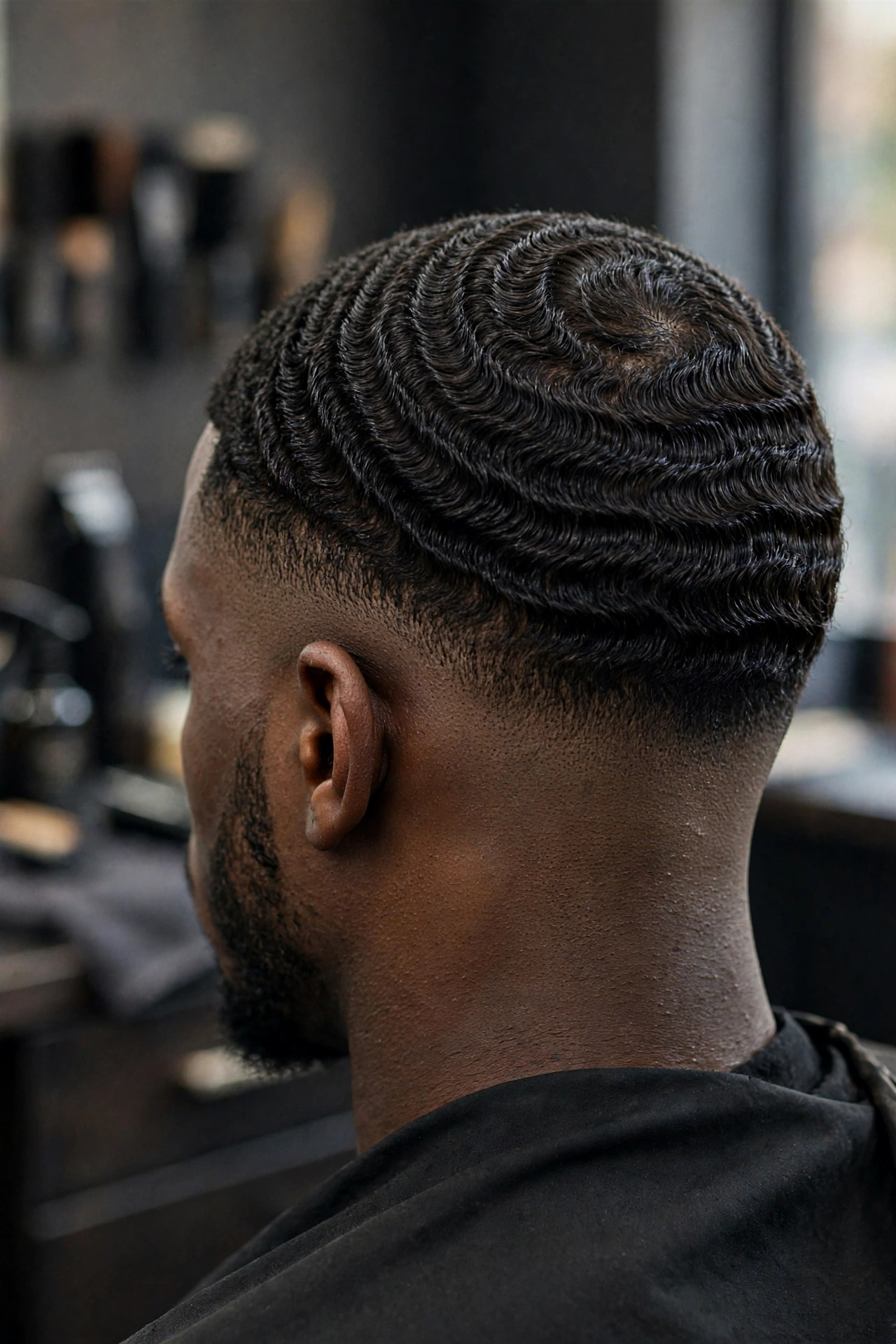 360 waves with drop fade curving behind the ear, back-side angle, barbershop photography