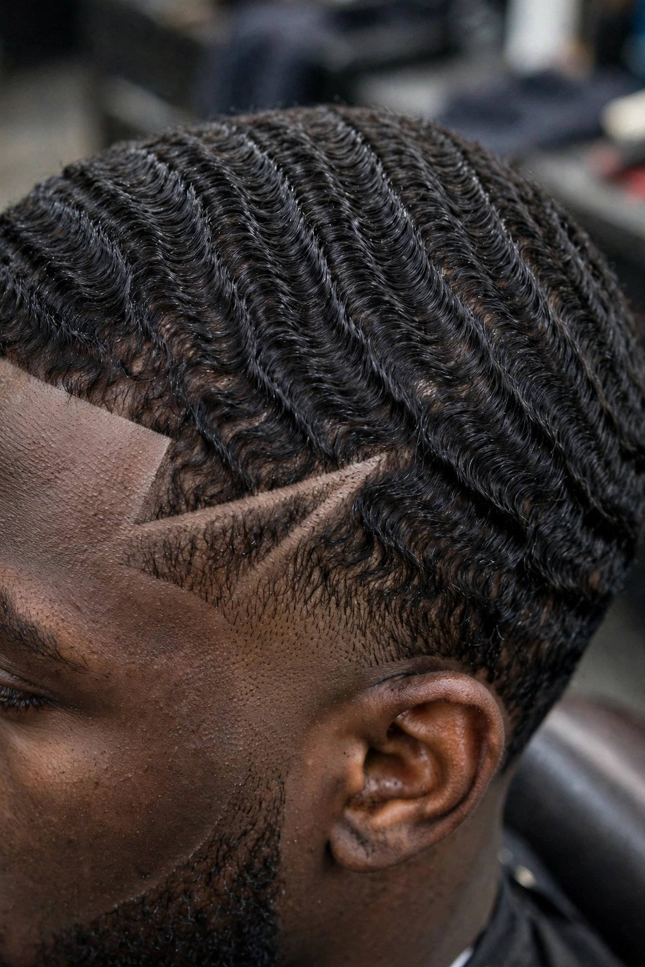 360 waves with a sharp hard part design carved on the side, close-up detail shot