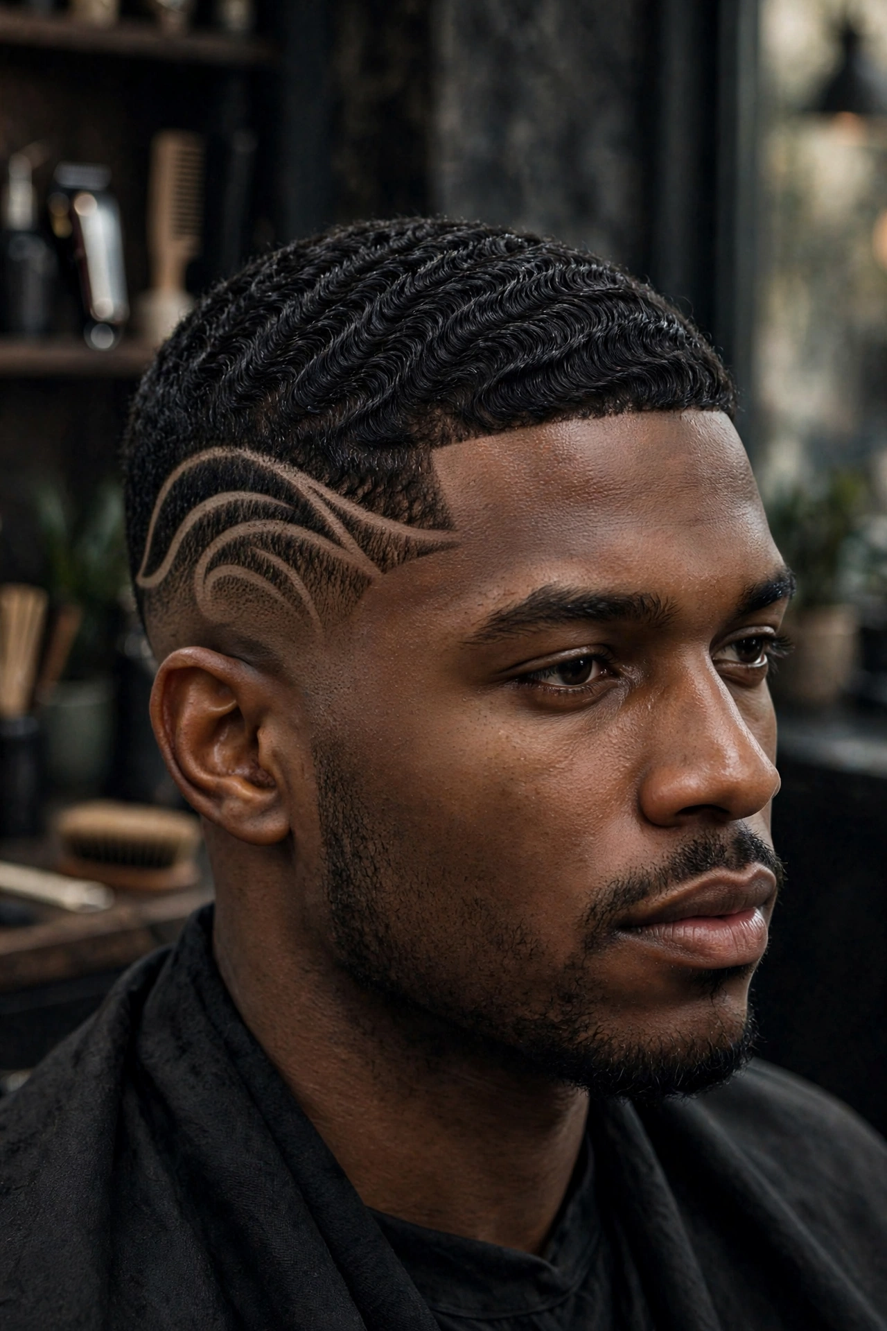 360 waves with freestyle curved hair design carved into faded sides, artistic barbershop shot