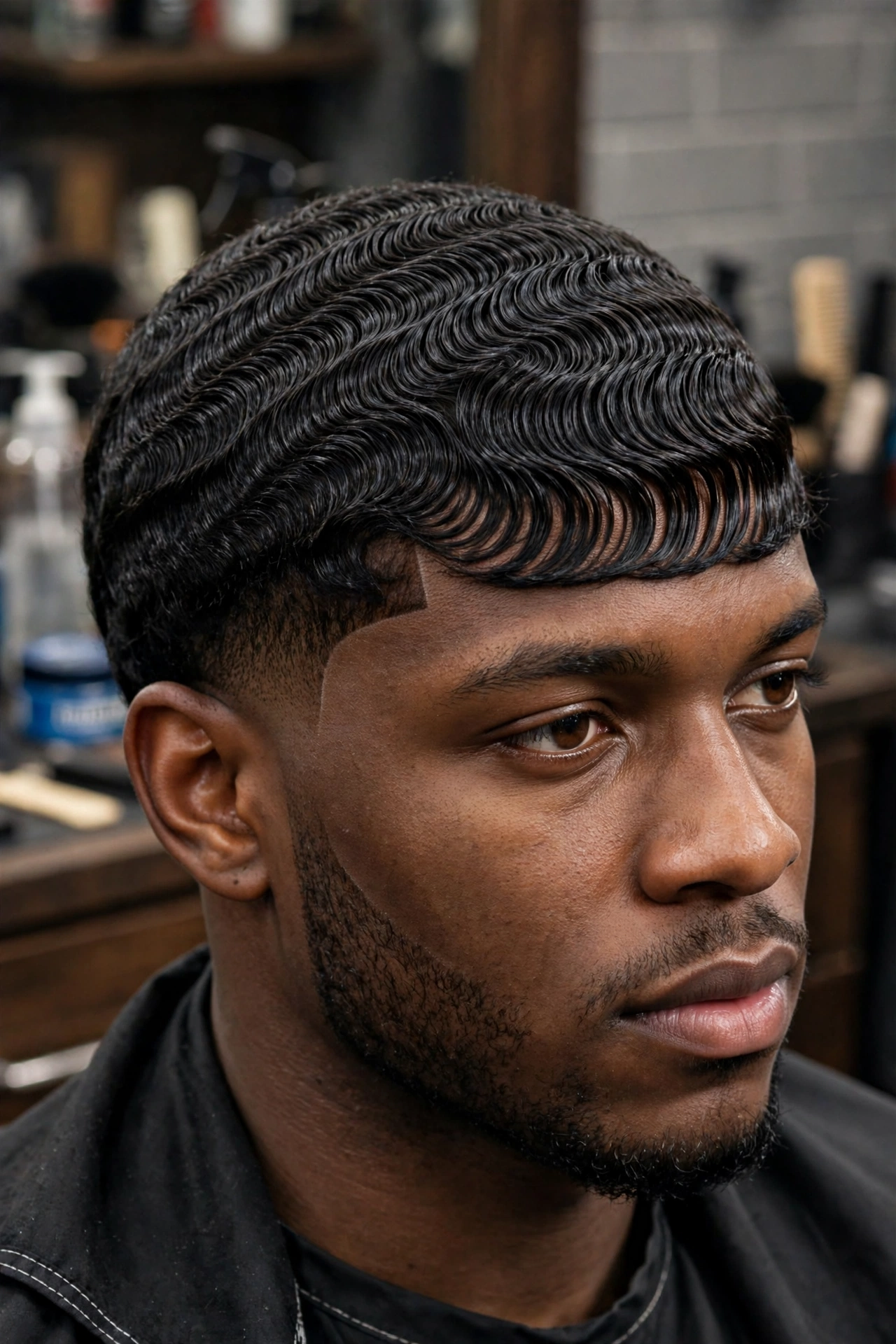 180 waves focused on the front of the head, front three-quarter view, barbershop photography