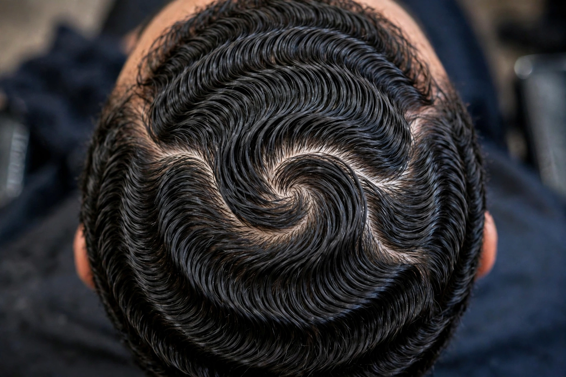 Top-down view of advanced 720 waves with forked swirl pattern, detailed close-up