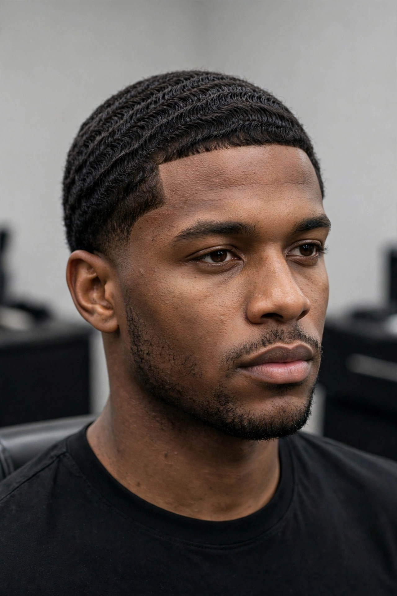 Short 360 waves at brush cut length, clean minimal look, barbershop photography