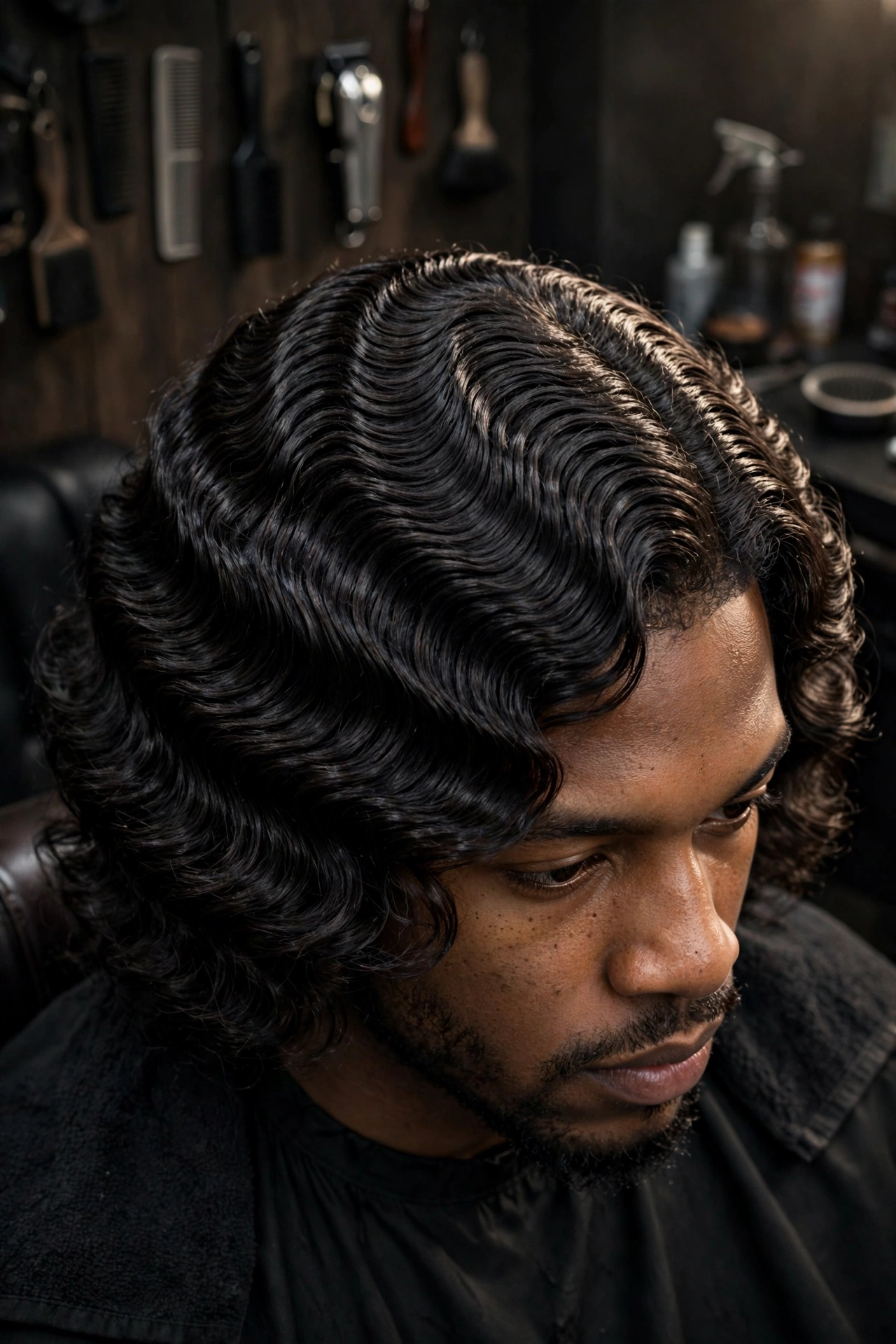 Long grown-out 360 waves with deep luxurious ripple pattern, premium barbershop photography