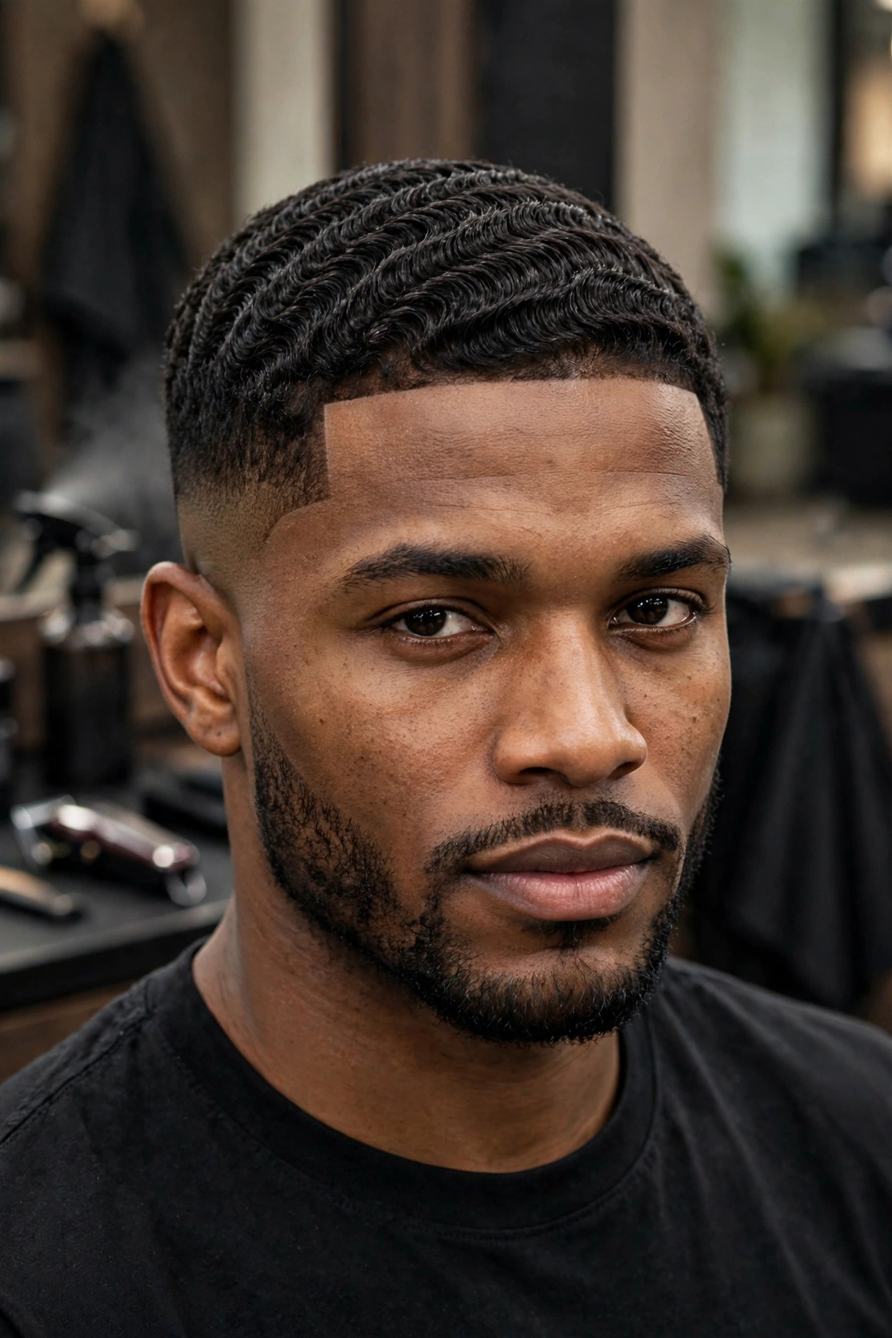 360 waves with mid fade, balanced athletic look, barbershop photography
