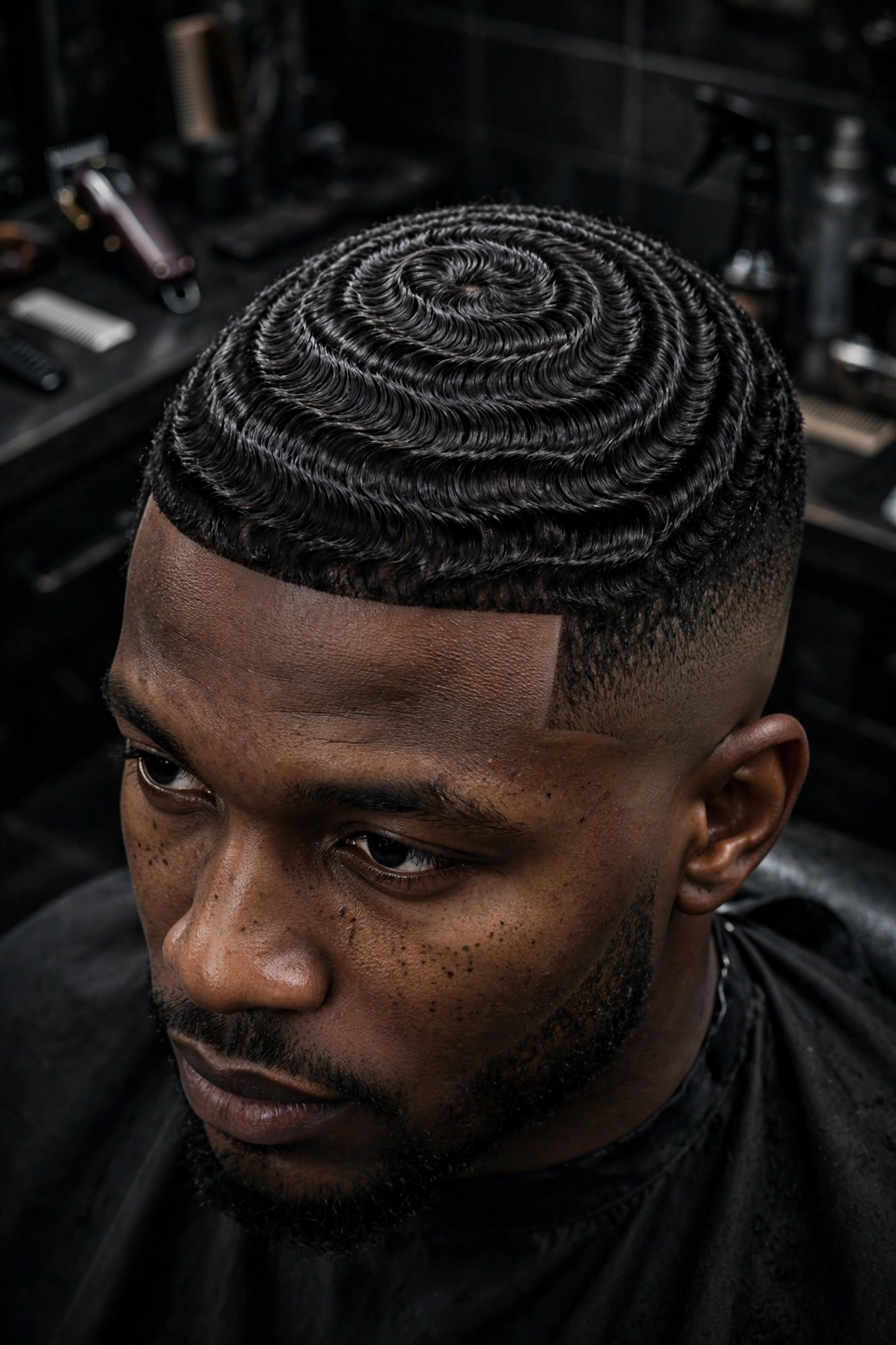 360 waves with high fade, dramatic contrast, top-focused wave pattern
